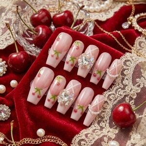 Pink Cherry French Tip with Rhinestones Coffin Nail Set